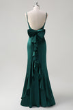 Dark Green Mermaid Spaghetti Straps Satin Bow Ruffle Long Bridesmaid Dress