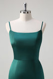 Dark Green Mermaid Spaghetti Straps Satin Bow Ruffle Long Bridesmaid Dress