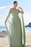 Light Green Cold Shoulder Detachable Sleeves Chiffon Bridesmaid Dress