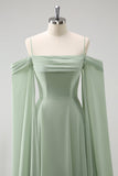 Light Green Cold Shoulder Detachable Sleeves A-Line Chiffon Long Bridesmaid Dress