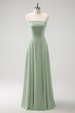 Light Green Cold Shoulder Detachable Sleeves A-Line Chiffon Long Bridesmaid Dress