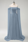 Light Green Cold Shoulder Detachable Sleeves A-Line Chiffon Long Bridesmaid Dress