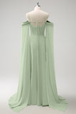 Light Green Cold Shoulder Detachable Sleeves A-Line Chiffon Long Bridesmaid Dress