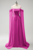 Red Cold Shoulder Detachable Sleeves A-Line Chiffon Long Bridesmaid Dress