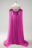 Red Cold Shoulder Detachable Sleeves A-Line Chiffon Long Bridesmaid Dress