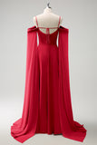 Red Cold Shoulder Detachable Sleeves A-Line Chiffon Long Bridesmaid Dress