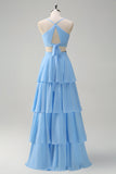 Sky Blue A-Line Spaghetti Straps Tiered Chiffon Bridesmaid Dress