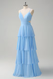 Sky Blue A-Line Spaghetti Straps Tiered Chiffon Bridesmaid Dress