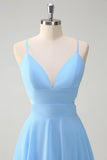 Sky Blue A-Line Spaghetti Straps Tiered Chiffon Bridesmaid Dress