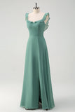 Eucalyptus Chiffon A Line Spaghetti Straps Long Bridesmaid Dress with Slit