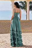 Eucalyptus A-Line Corset Ruched Chiffon Long Bridesmaid Dress with Slit