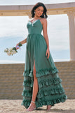 Eucalyptus A-Line Corset Ruched Chiffon Long Bridesmaid Dress with Slit