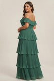 Eucalyptus Pleated Tiered Off the Shoulder A Line Long Plus Size Bridesmaid Dress