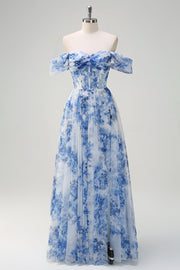 White Blue Flower Corset Off the Shoulder A-Line Long Bridesmaid Dress with Slit