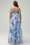 White Blue Flower Off the Shoulder Corset A-Line Plus Size Bridesmaid Dress with Slit
