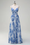 White Blue Flower A-Line Spaghetti Straps Pleated Bridesmaid Dress