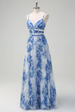 White Blue Flower A-Line Spaghetti Straps Pleated Bridesmaid Dress