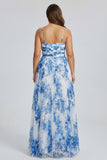 White Blue Flower Spaghetti Straps A-Line Pleated Plus Size Bridesmaid Dress