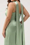 Sage Satin Ruched Sheath Ruched Streamer Long Plus Size Bridesmaid Dress with Slit