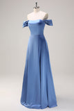 Dusty Blue A Line Off The Shoulder Satin Long Bridesmaid Dress