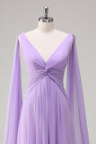 Elegant Lilac Chiffon A-Line Gown with Flowing Cape Sleeves