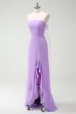 Purple A-Line Strapless Ruffled Long Bridesmaid Dress with Bow Ties