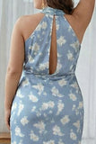 Sheath Halter Blue White Flower Plus Size Printed Long Bridesmaid Dress