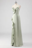 Sage Long Satin V Neck Ruffled Sheath Bridesmaid Dress