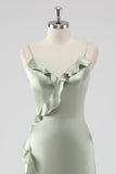 Sage Long Satin V Neck Ruffled Sheath Bridesmaid Dress