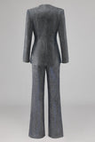 Grey Blue V-Neck Single Button Women's Suits