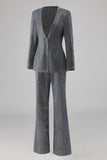 Grey Blue V-Neck Single Button Women's Suits