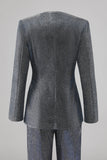 Grey Blue V-Neck Single Button Women's Suits