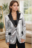 Sparkly Silver Black Peak Lapel Women's Formal Blazer