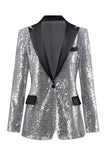 Sparkly Silver Black Peak Lapel Women's Formal Blazer