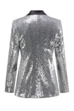 Sparkly Silver Black Peak Lapel Women's Formal Blazer