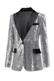 Sparkly Silver Black Peak Lapel Women's Formal Blazer