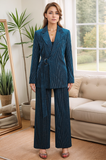 Peacock Blue Stripes Notched Lapel 2 Pieces Women Suits with Belt