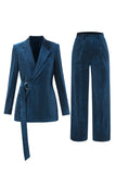 Peacock Blue Stripes Notched Lapel 2 Pieces Women Suits with Belt