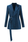 Peacock Blue Stripes Notched Lapel 2 Pieces Women Suits with Belt