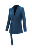 Peacock Blue Stripes Notched Lapel 2 Pieces Women Suits with Belt