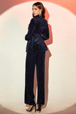 Navy Shawl Lapel 2 Pieces Women's Suits with Belt