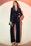 Navy Shawl Lapel 2 Pieces Women's Suits with Belt