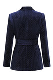 2 Pieces Shawl Lapel Navy Women's Suits with Belt