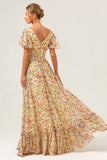 Yellow Flower Printed A-Line V-neck Short Sleeves Long Formal Dress