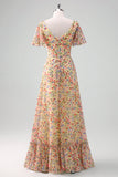 A-Line Yellow Flower Printed V-neck Short Sleeves Long Formal Dress