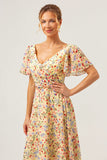 Yellow Flower Printed A-Line V-neck Short Sleeves Long Formal Dress