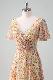 A-Line Yellow Flower Printed V-neck Short Sleeves Long Formal Dress