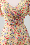 A-Line Yellow Flower Printed V-neck Short Sleeves Long Formal Dress