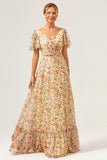 Yellow Flower Printed A-Line V-neck Short Sleeves Long Formal Dress