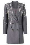 Sparkly Grey Peak Lapel Beaded Double-Breasted Blazer Dress